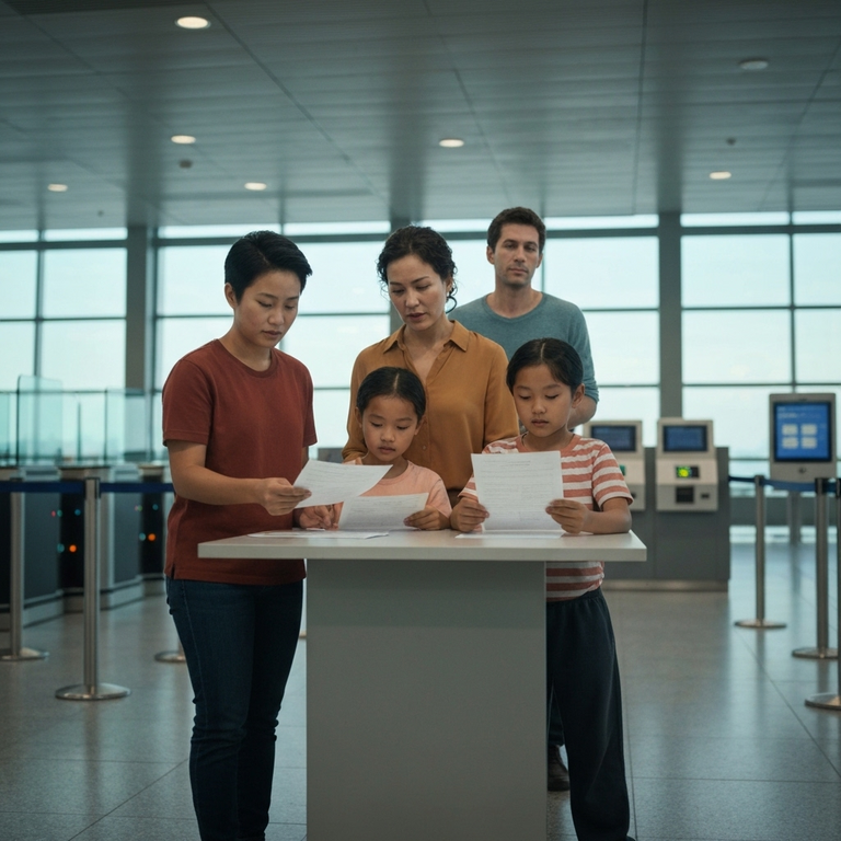¿Es la visa de inversión la oportunidad de emprender y vivir legalmente en Estados Unidos? 2 Familia planificando relocation en aeropuerto con papeles