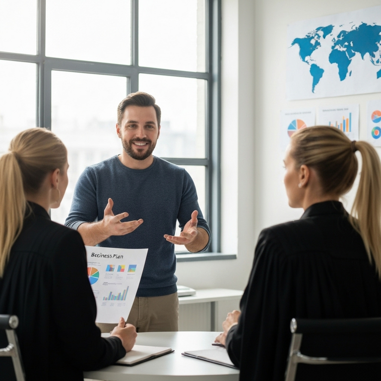 Visa E-2 vs L1: ¿qué opción conviene más para empresarios latinos? 1 Founder presents plan to attorney with charts.