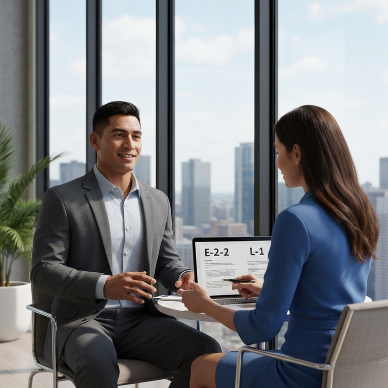 e2 vs l1 visa Empresario latino con abogado revisando opciones de visa