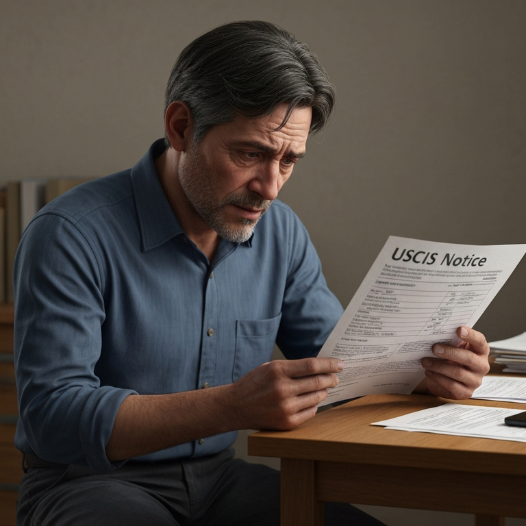 persona mirando una notificacion de USCIS en una mesa me negaron el ajuste de estatus