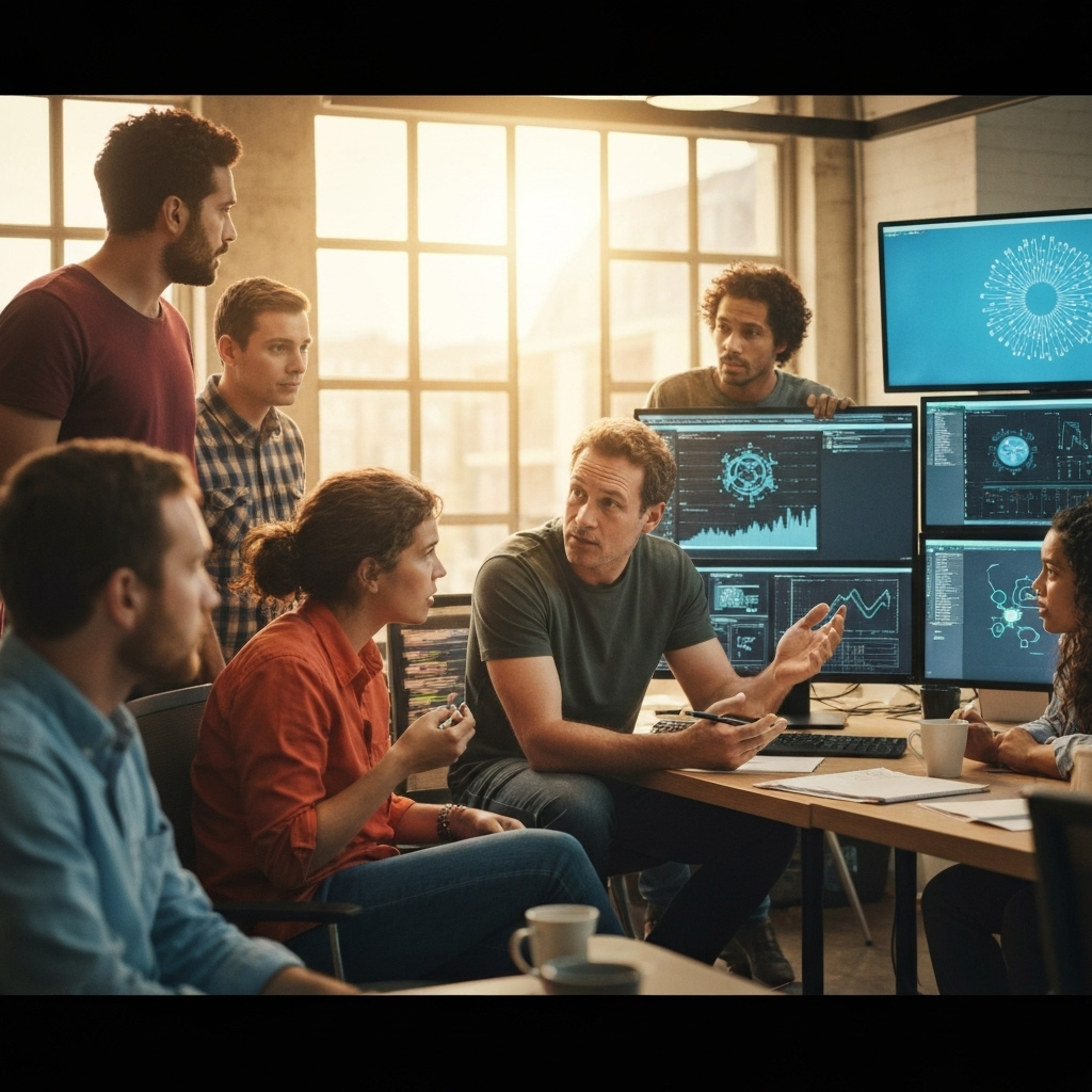 Equipo diverso de tecnologia discute contratacion en oficina luminosa, con formularios de visa visibles