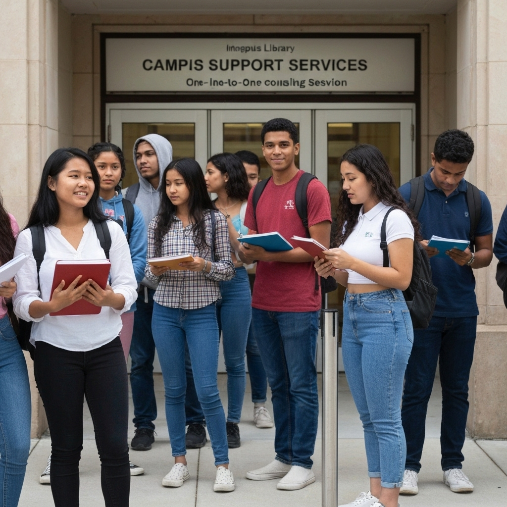 El auge de la política migratoria: lo que implica el refuerzo de ICE y las batallas legales 2 Estudiante inmigrante recibiendo orientacion en campus, grupo diverso de apoyo, biblioteca y cuadernos, atmosfera de esperanza.