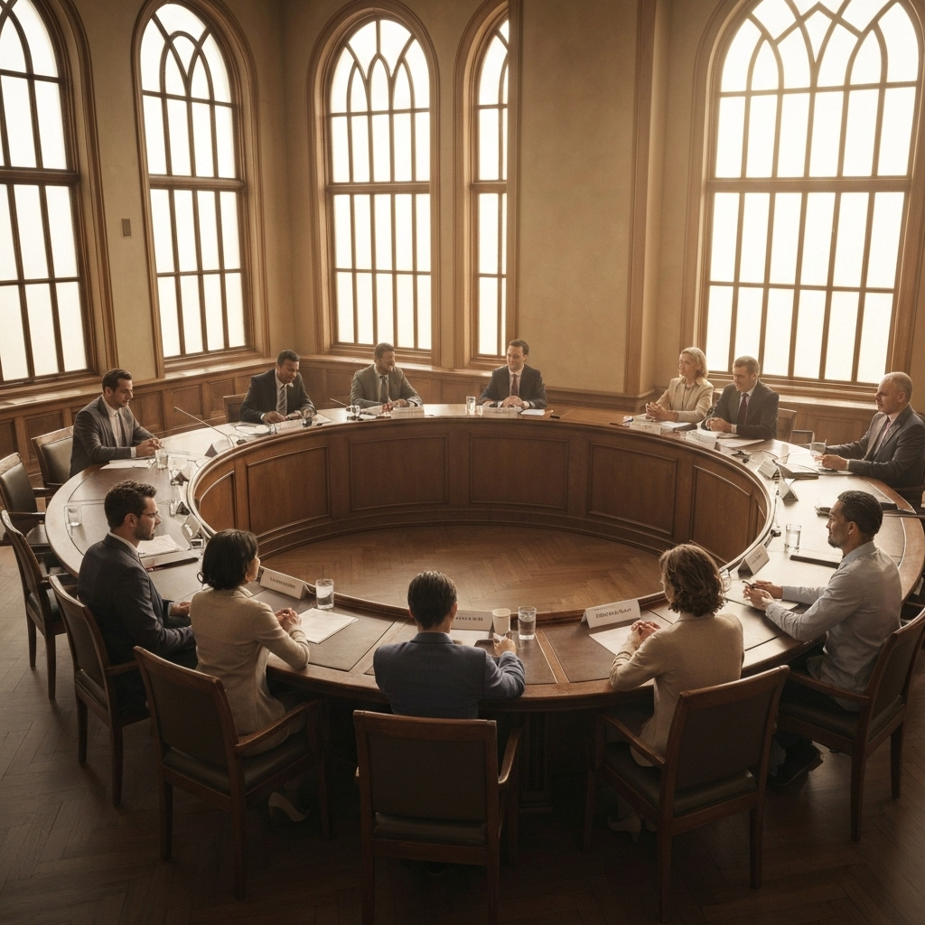 El auge de la política migratoria: lo que implica el refuerzo de ICE y las batallas legales 1 Funcionarios y residentes participan en una mesa redonda en el ayuntamiento, coordinando ayudas, con luz suave y expresiones serenas.