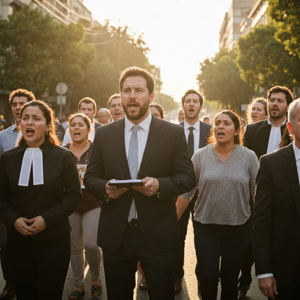 El auge de la política migratoria: lo que implica el refuerzo de ICE y las batallas legales 3 Manifestacion pacifica con abogados y residentes, consignas por el debido proceso, calle urbana con luz matinal.