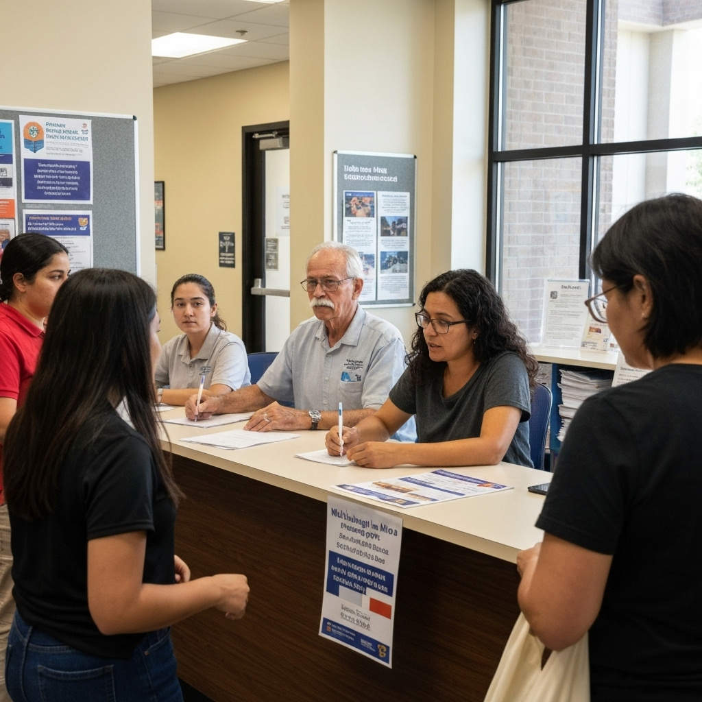 Así afectan las redadas de ICE y la vigilancia de redes sociales a visas y naturalización bajo la nueva administración 1 Mostrador de informacion multilingue en edificio municipal, voluntarios explicando derechos y recursos legales disponibles