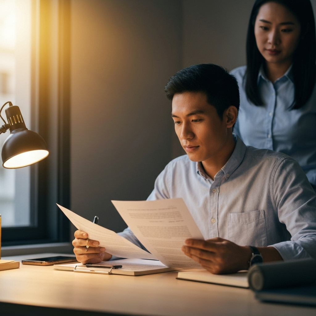 Endurecimiento de las visas H-1B y redadas de ICE sacuden a Estados Unidos 2 Persona solicitante se prepara para naturalizacion con apoyo comunitario, revisando documentos en una mesa iluminada, simbolizando integracion civica y preparacion cuidadosa
