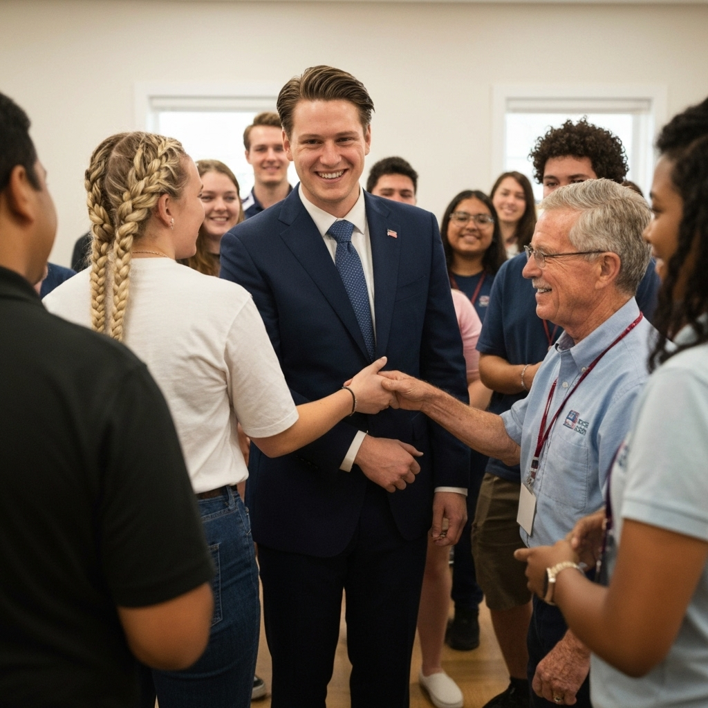 Así afectan las redadas de ICE y la vigilancia de redes sociales a visas y naturalización bajo la nueva administración 2 Retrato fotorealista de una persona recibiendo felicitaciones tras naturalizacion, voluntarios y publico diverso