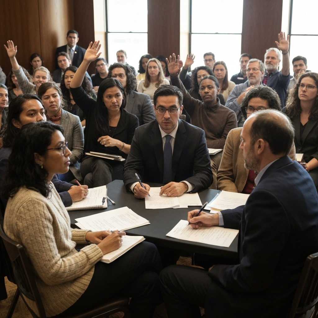 Así afectan las redadas de ICE y la vigilancia de redes sociales a visas y naturalización bajo la nueva administración 3 Sala de reunion publica donde defensores y abogados debaten privacidad digital y enforcement migratorio justo, publico inclusivo y manos alzadas