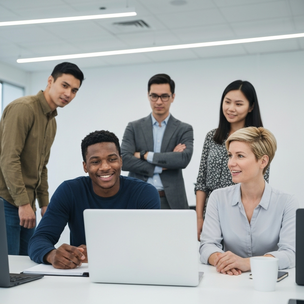 La reforma de inmigración en EE. UU. que impone una tarifa de 100,000 dólares por H-1B: lo que podría cambiar todo para empleadores y trabajadores 2 Trabajadores de tecnologia con gerentes en videoconferencia en campus moderno, reflejando decisiones de relocalizacion y resiliencia.