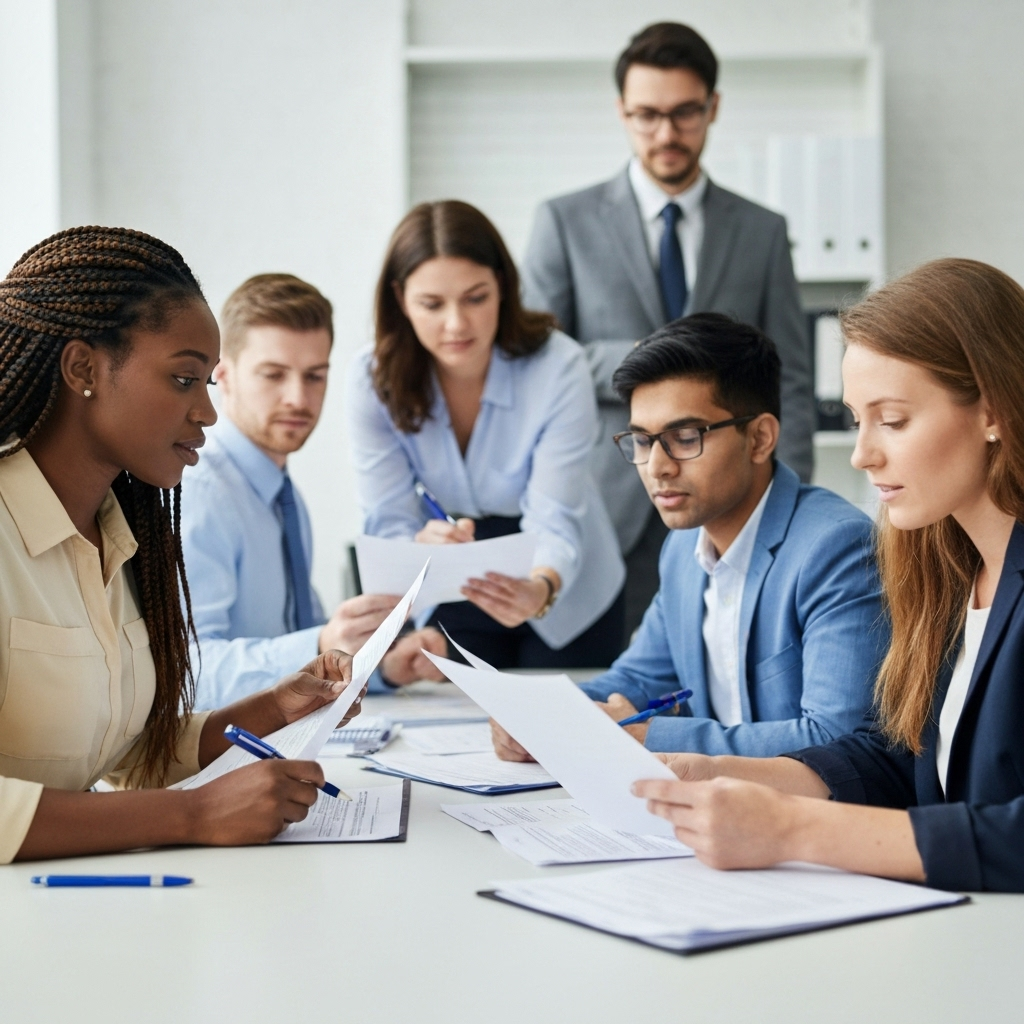 Una oficina con personas diversas revisando guia USCIS y papeles, luz natural.