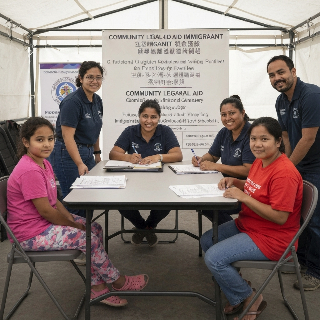 Voluntarios de ayuda legal atienden a familias inmigrantes en un centro de apoyo, carteles en varios idiomas y un ambiente esperanzador