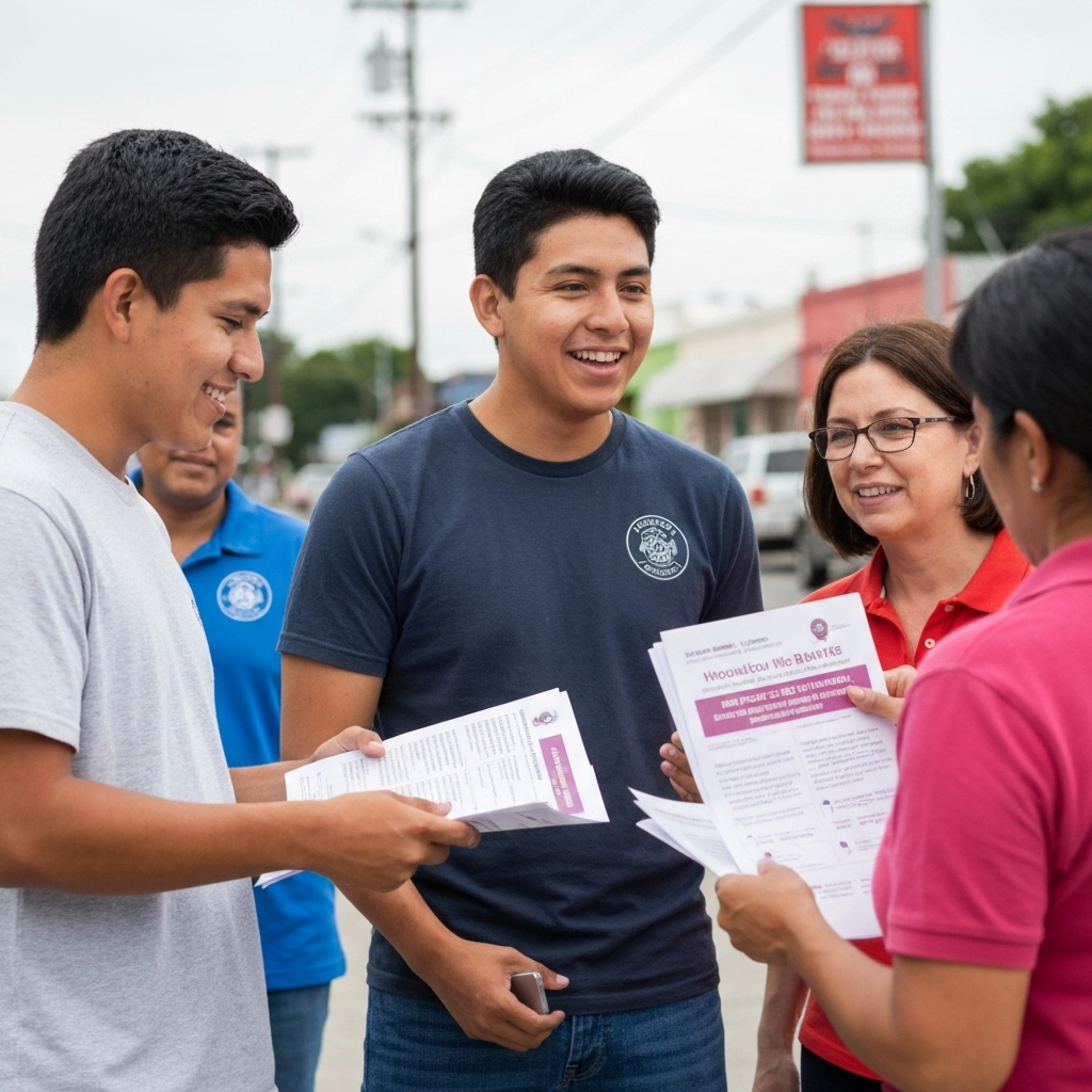 Operación de inmigración a gran escala en la bahía: lo que significa para California y EE. UU. 2 Voluntarios distribuyendo informacion de derechos en un vecindario.