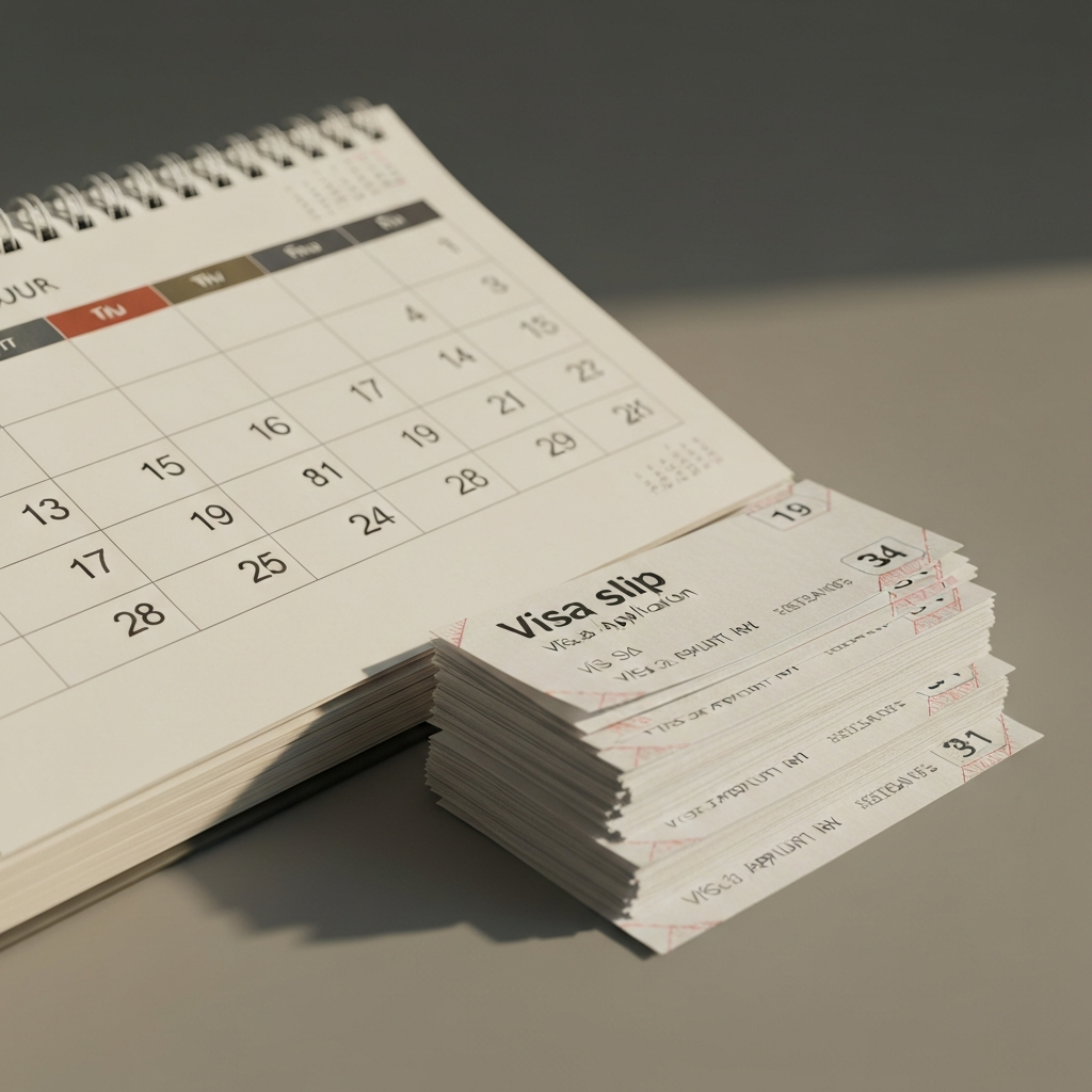 Calendario abierto y fichas de visa en mesa