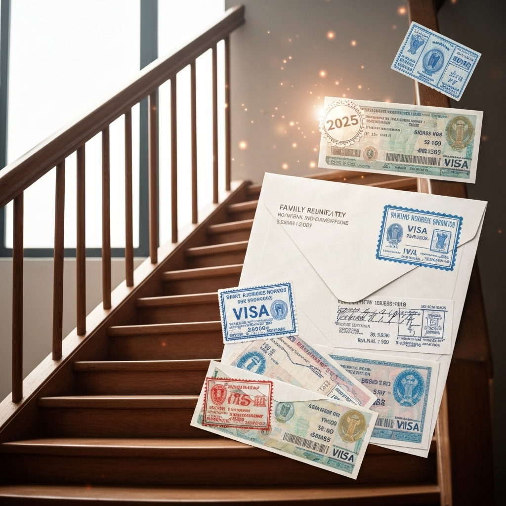 Envelopes y calendario simbolizan reunificacion familiar y oportunidades migratorias