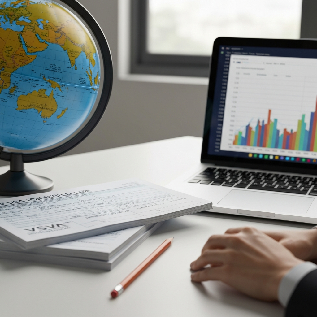 globo, documentos de visa y calculos en mesa minimalista