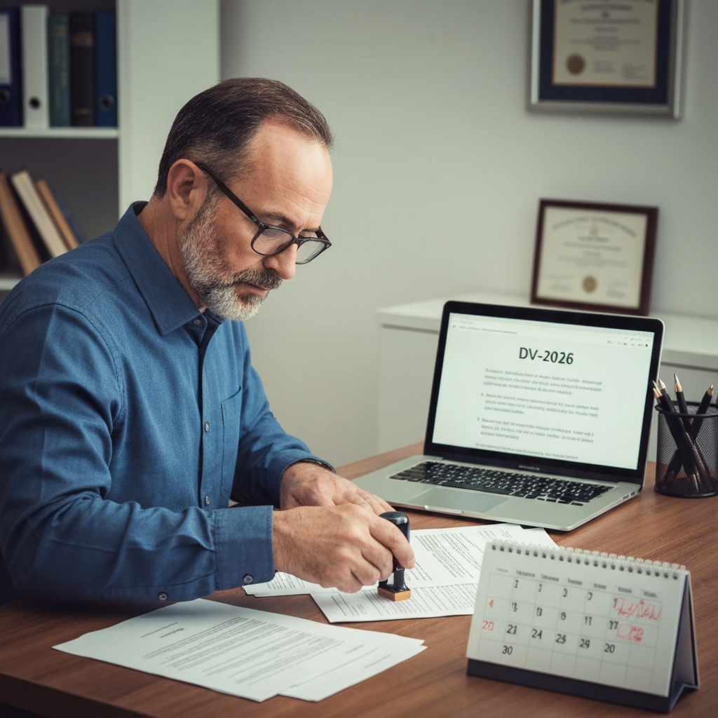 Descubre cómo la DV-2026 visa cambios de proceso pueden acelerar tu residencia en EE. UU. con reglas nuevas que transforman todo 2 Persona preparando documentos sobre escritorio
