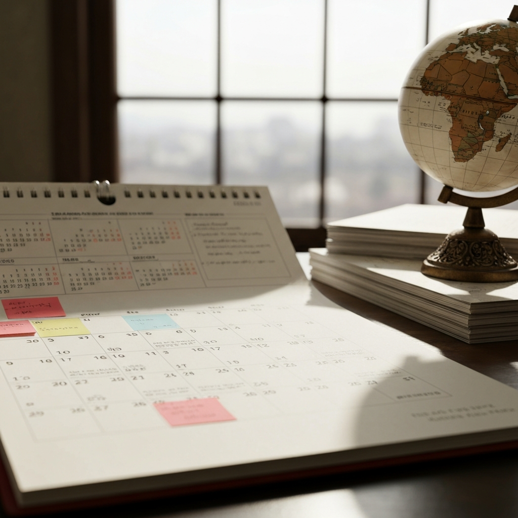 Calendario con fecha SR, sello y libro de oracion simbolizan plazo temporal