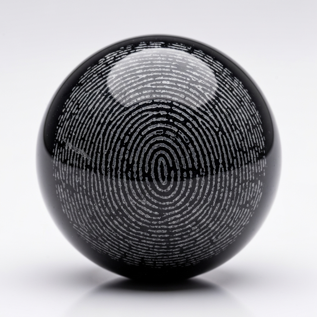 Esfera de vidrio con huella grabada sobre mesa
