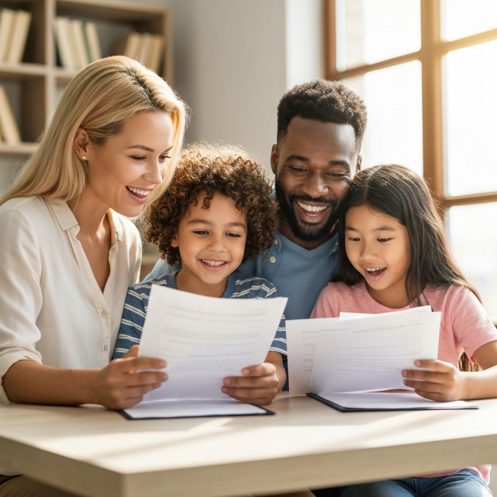 Familia viendo papeles: como checar mi estatus migratorio
