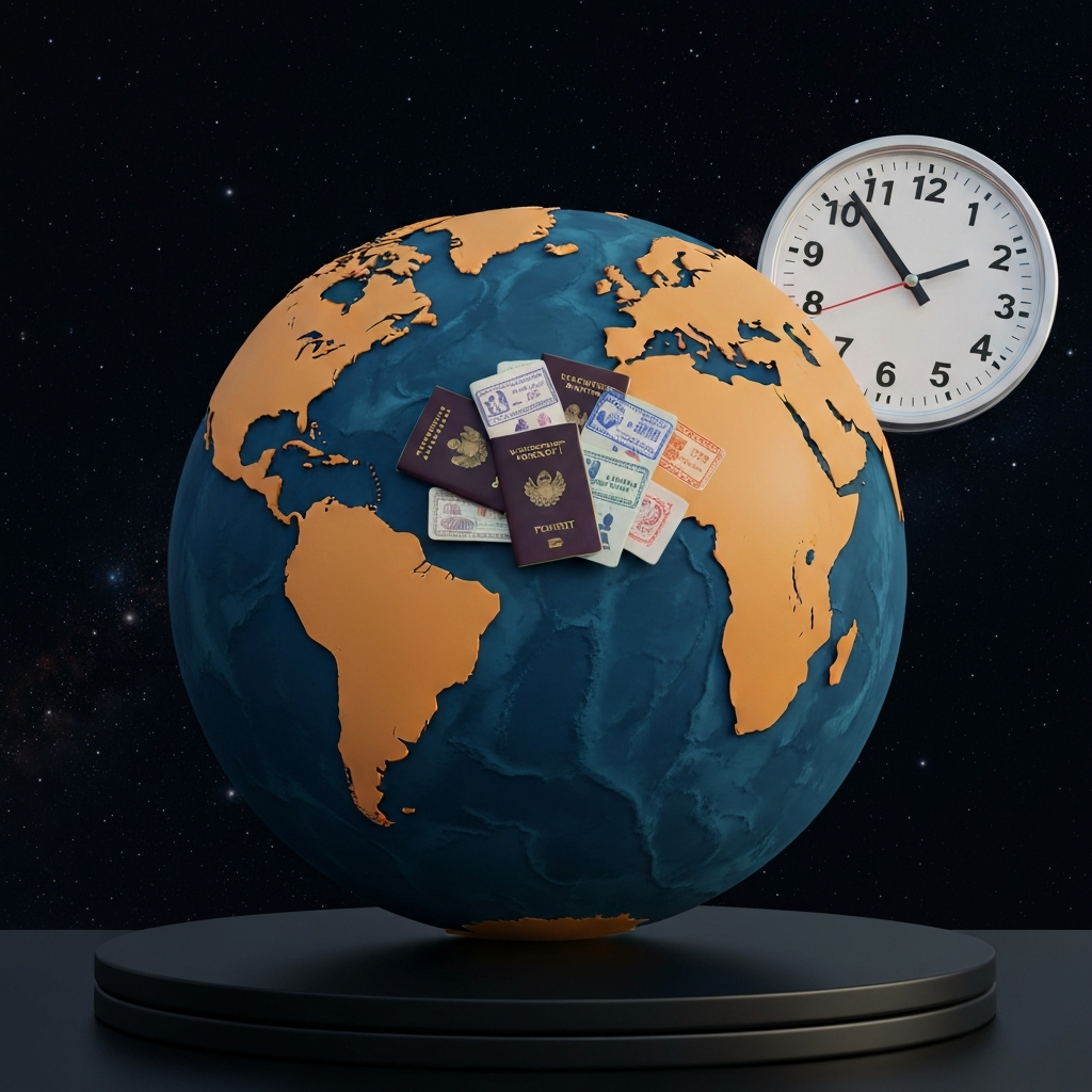 Globo con barrera roja entre continentes y sellos de pasaporte