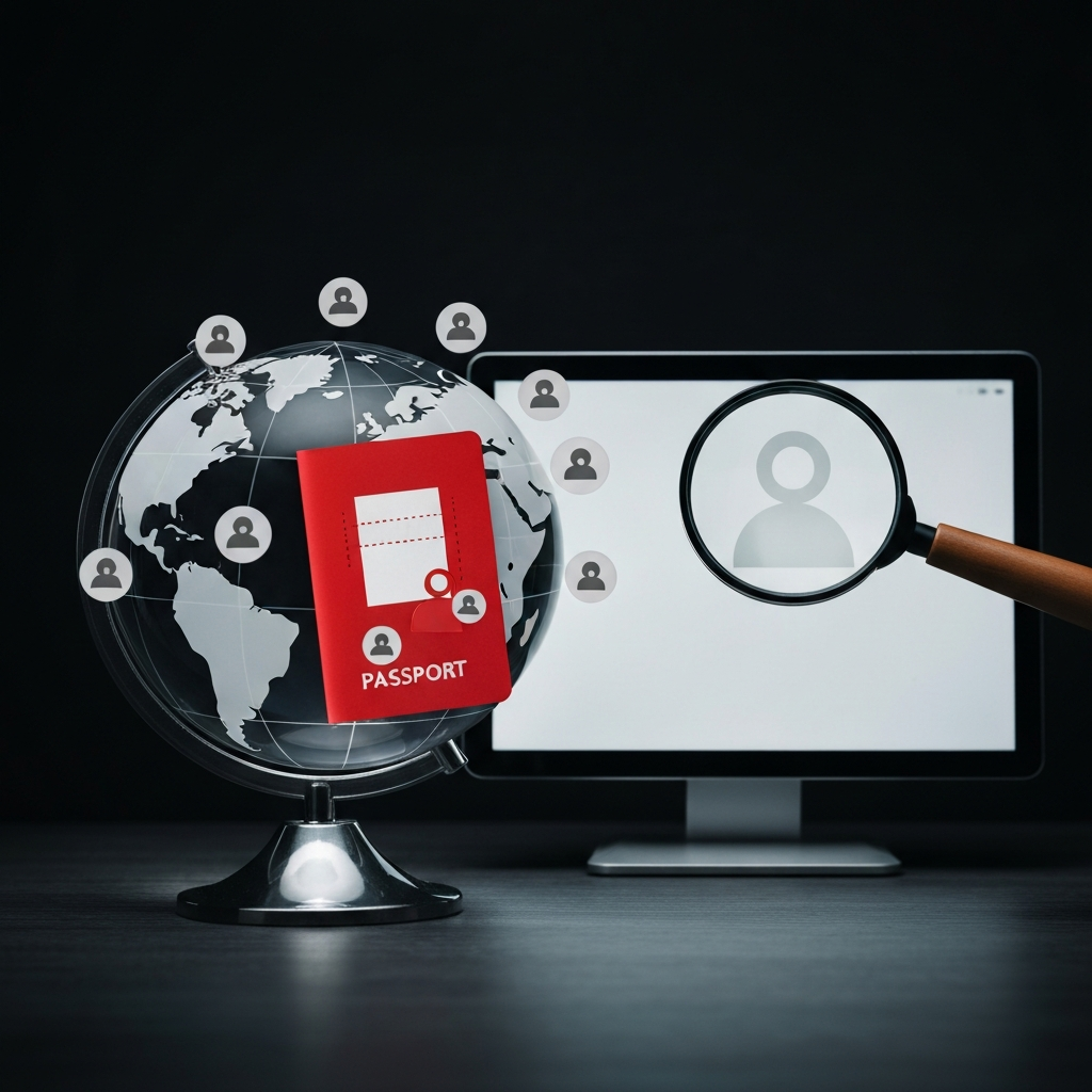 Globo de vidrio con iconos de redes y silueta de pasaporte