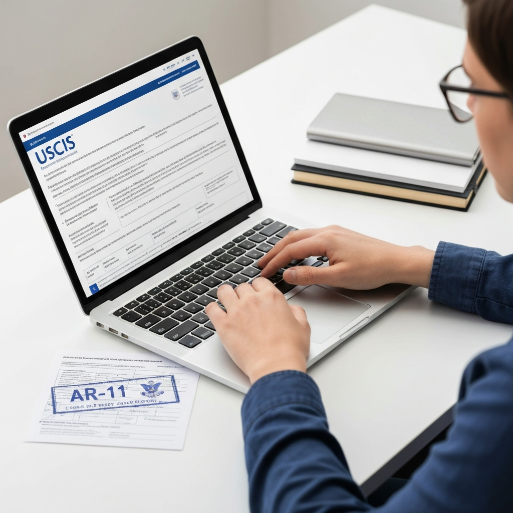 Mano sobre teclado consultando portal USCIS; como saber cuando es mi cita de inmigracion