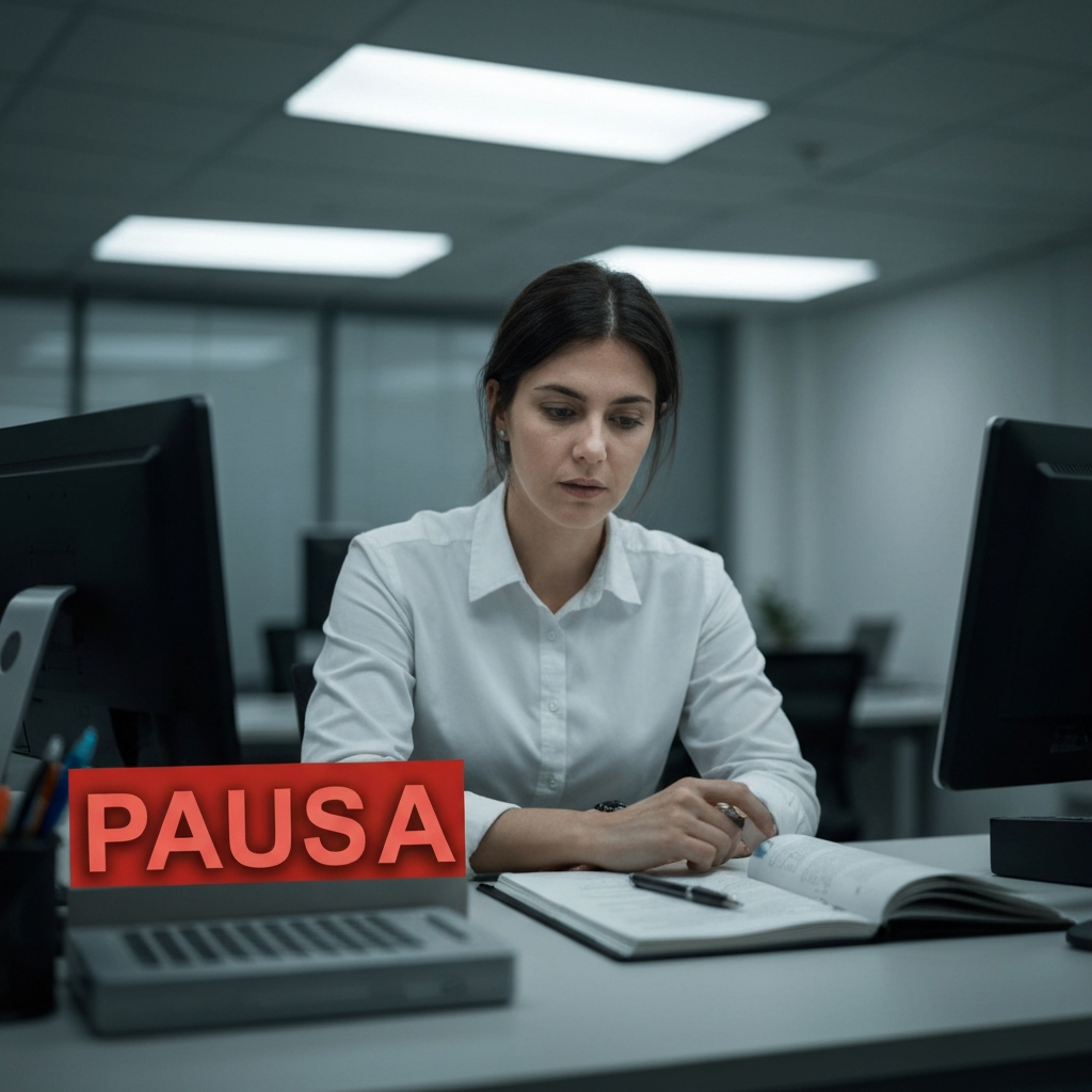 Mesa de oficina con sello PAUSA y expedientes