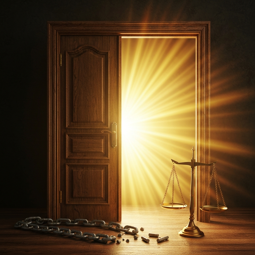Metafora visual de independencia: llaves, luz y cadenas rotas. VAWA para hombres