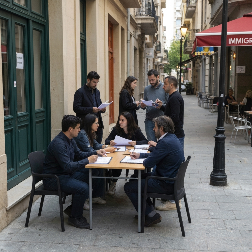 Descubre la nueva regla biométrica de entrada a EE. UU. que podría afectar tus viajes 3 Vista amplia de una comunidad frente a una oficina de migracion