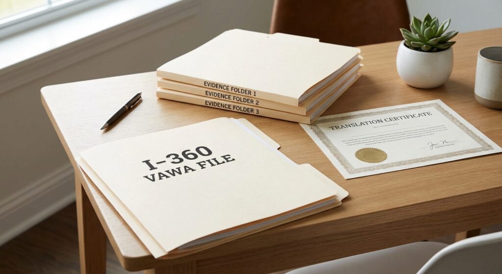 Carpeta I-360 VAWA y documentos traducidos.