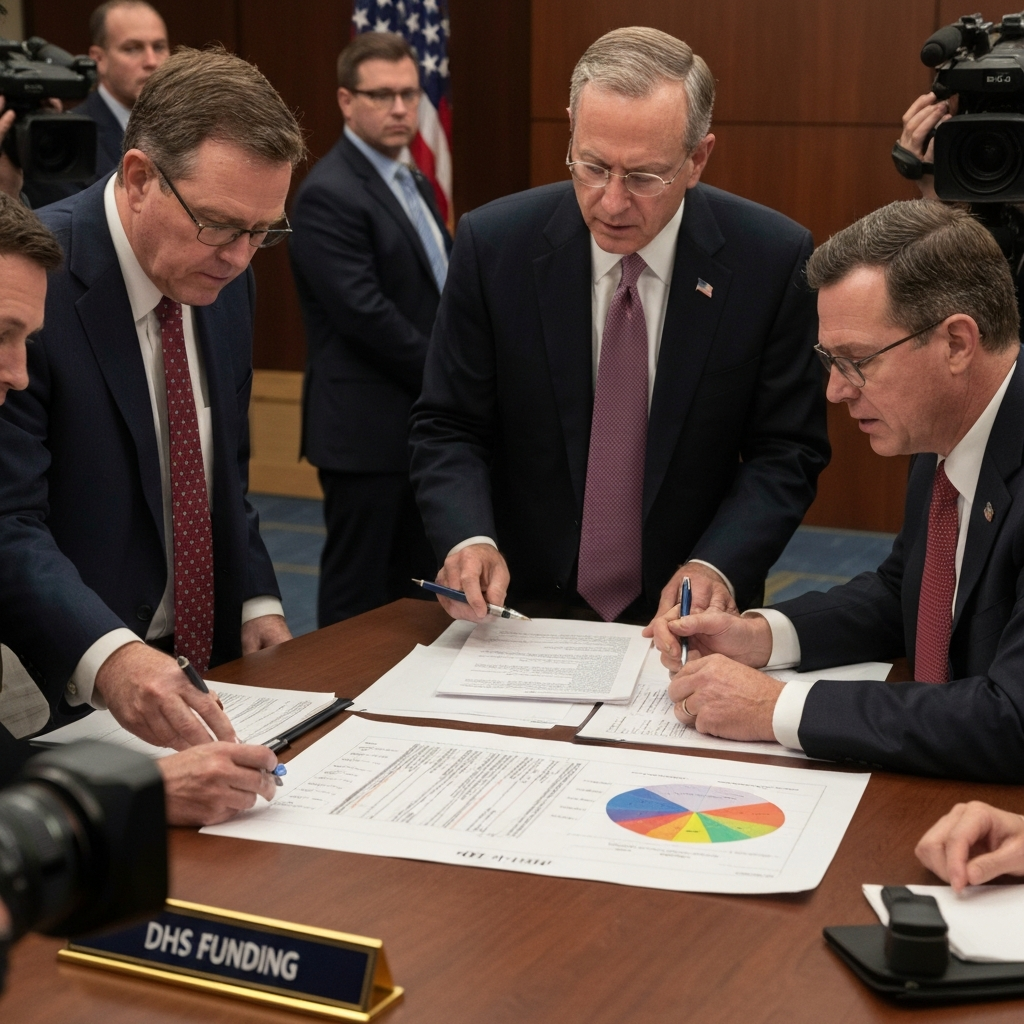 Se detiene la ola de aplicación migratoria en Minnesota y redefine la política de ICE 2 Funcionarios en sala de prensa revisan grafico de financiamiento DHS.