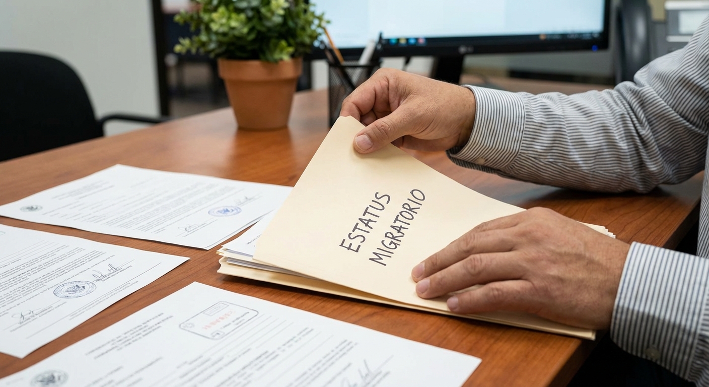Cómo saber si tengo orden de deportación y qué hacer 2 Manos organizando documentos migratorios y checklist sobre la mesa para preparar respuesta ante una orden de deportación