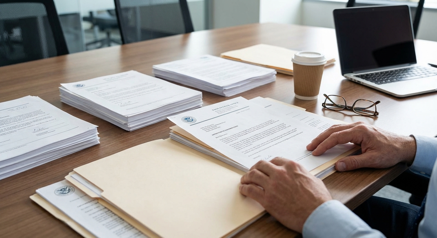 ¿Qué sigue después del permiso de trabajo por VAWA? 3 Mesa amplia con documentos ordenados y un aviso; Qué sigue después del permiso de trabajo por VAWA