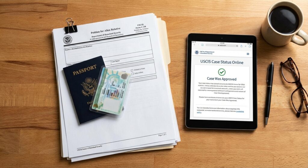 Cómo saber si tengo orden de deportación y qué hacer 2 Mesa con documentos oficiales y una pantalla de estado del caso, sin mostrar caras; si tengo orden de deportacion me buscan