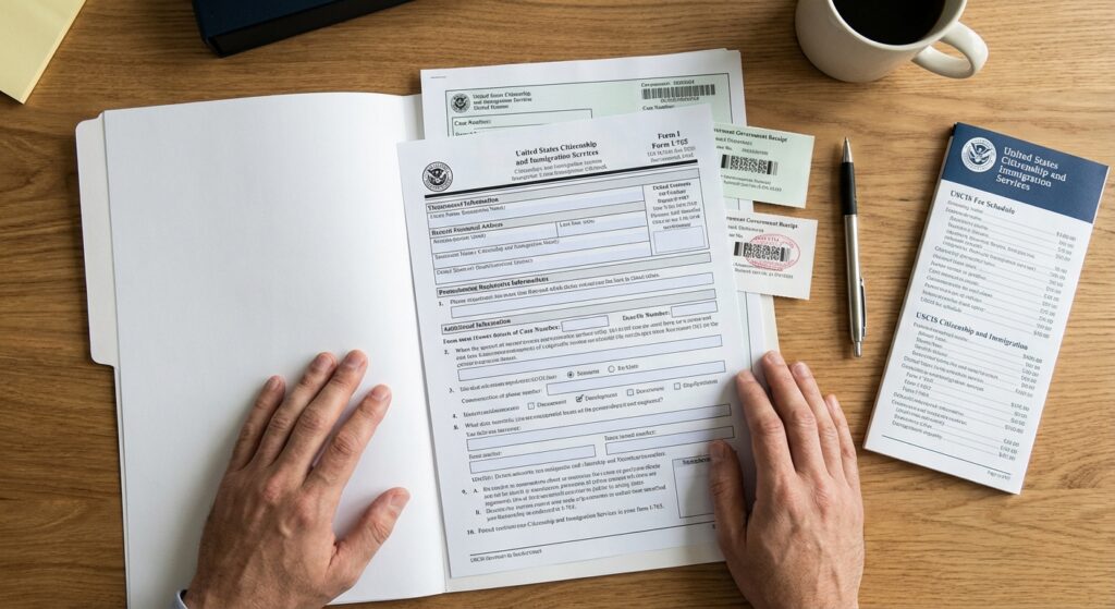 ¿Cuánto cuesta renovar el permiso de trabajo y en qué casos no se paga? 9 Mesa con I-765, recibos y tarifas de USCIS visibles; cuánto cuesta renovar el permiso de trabajo