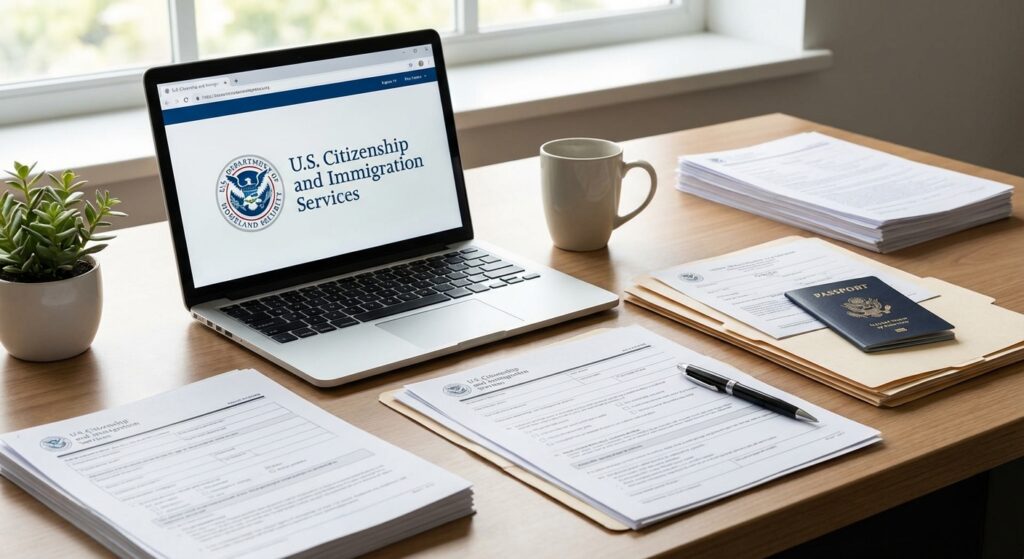 USCIS permiso de trabajo y tiempo de espera según el tipo de trámite 13 Mesa de oficina con formularios y documentos oficiales junto a una pantalla de sitio USCIS; USCIS permiso de trabajo tiempo de espera.