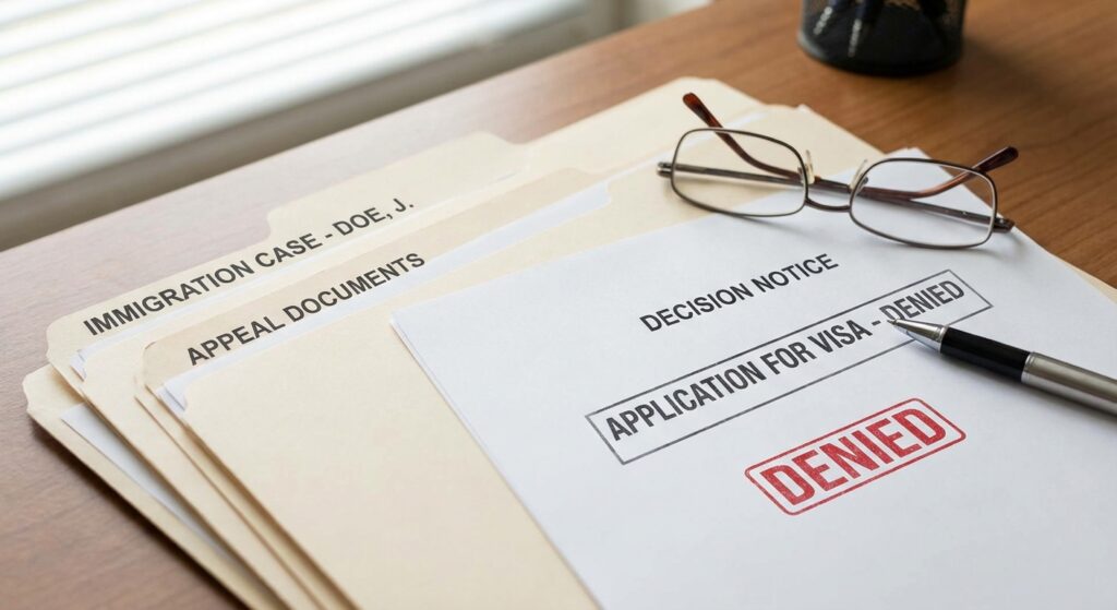 ¿Qué pasa si no te aprueban la Visa T y qué opciones existen? 4 Notificacion de decision y carpetas sobre una mesa, qué pasa si no te aprueban la Visa tT