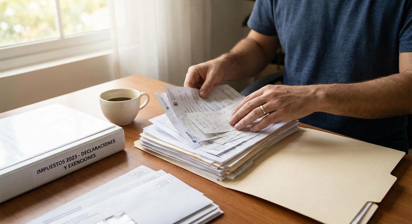 Organizando carpeta de documentos y pruebas de exención, incluyendo declaraciones de impuestos; cuánto cuesta renovar el permiso de trabajo