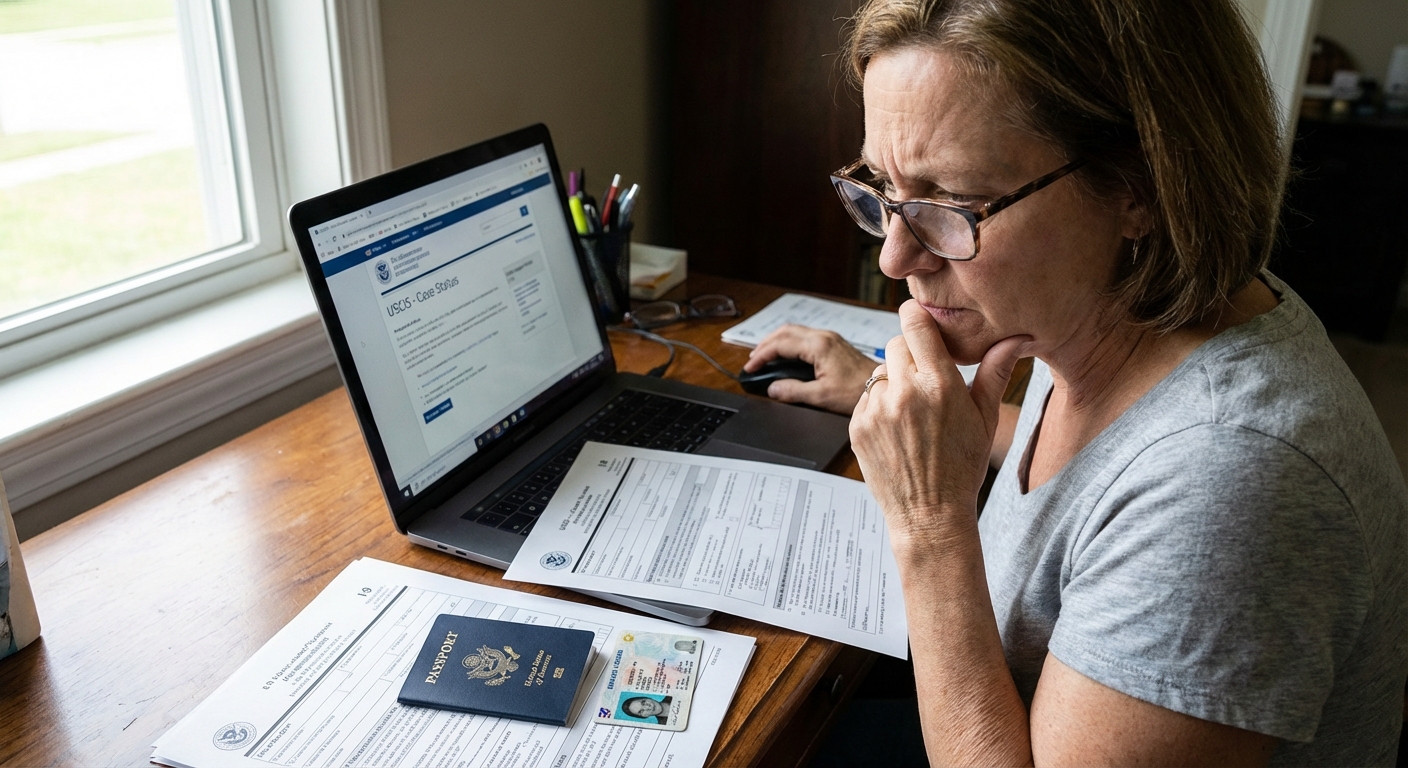 ¿Qué sigue después del permiso de trabajo por VAWA? 1 Persona concentrada revisando notificaciones de USCIS y I-9; Qué sigue después del permiso de trabajo por VAWA