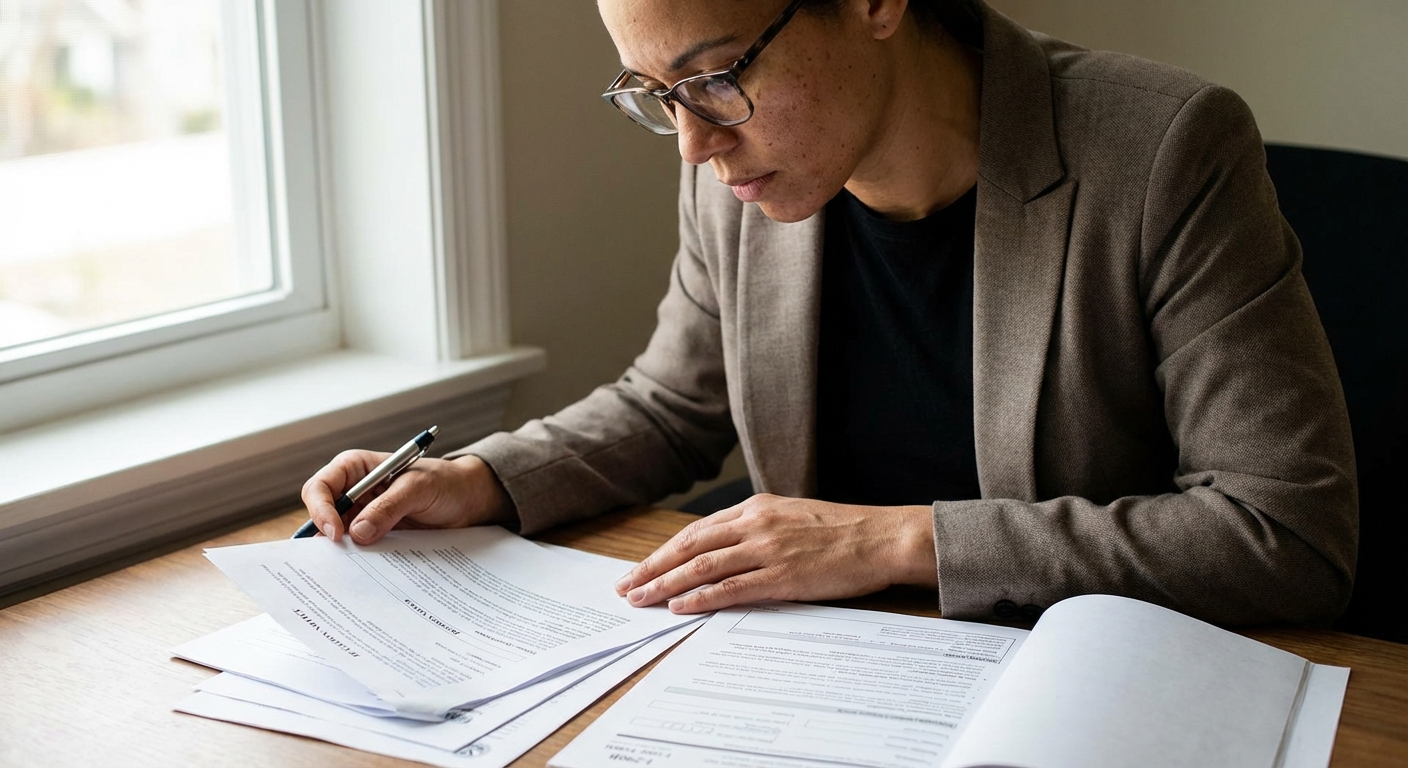 ¿Qué pasa si no te aprueban la Visa T y qué opciones existen? 1 Persona revisa decision notice e I-290B en escritorio, qué pasa si no te aprueban la Visa tT