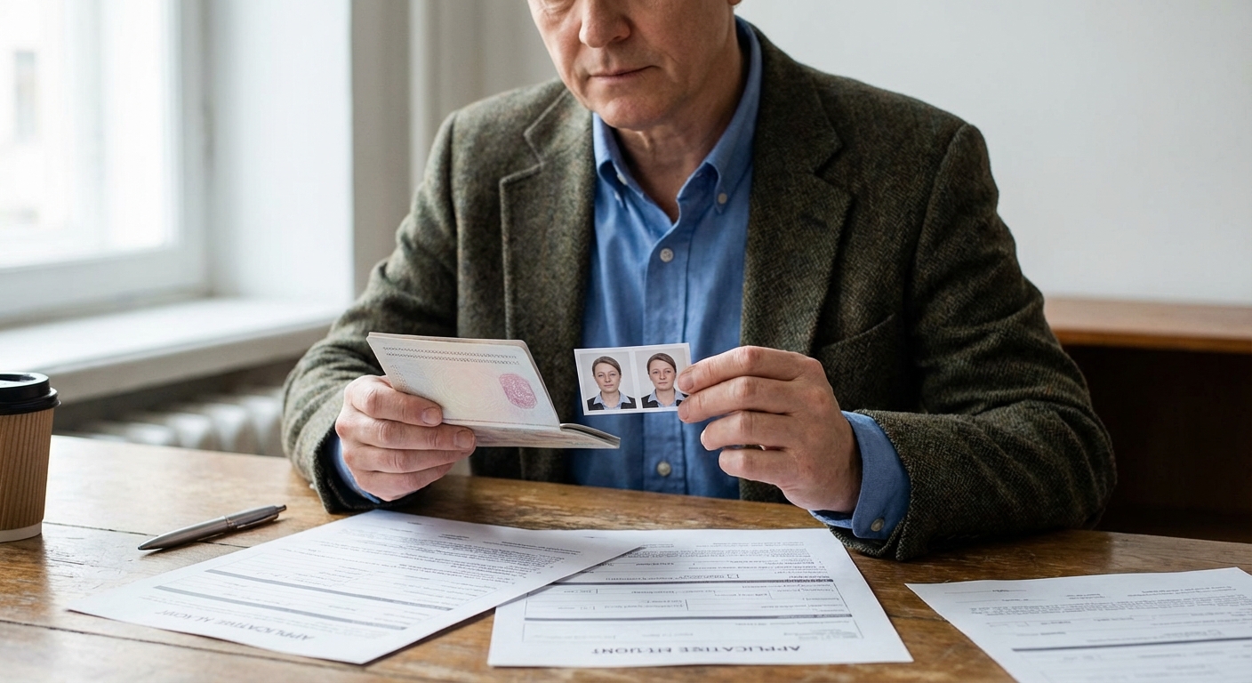 Plano medio de una persona revisando dos fotos tipo pasaporte, pasaporte y formularios; cuánto cuesta renovar el permiso de trabajo