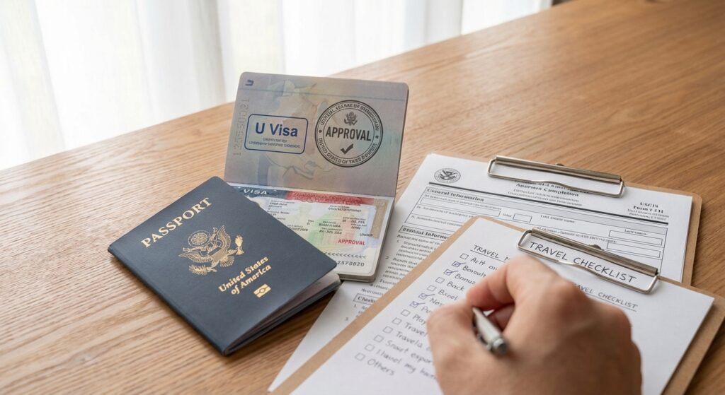 se puede viajar con la Visa U: pasaporte con sello y I-131.
