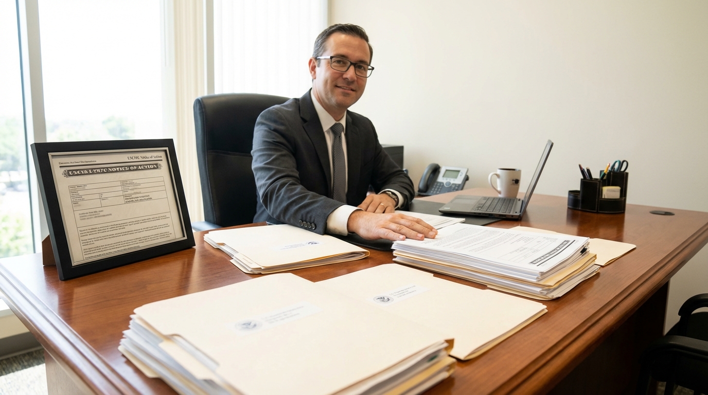Toma amplia de documentos organizados y un aviso oficial sobre una mesa; USCIS permiso de trabajo tiempo de espera.