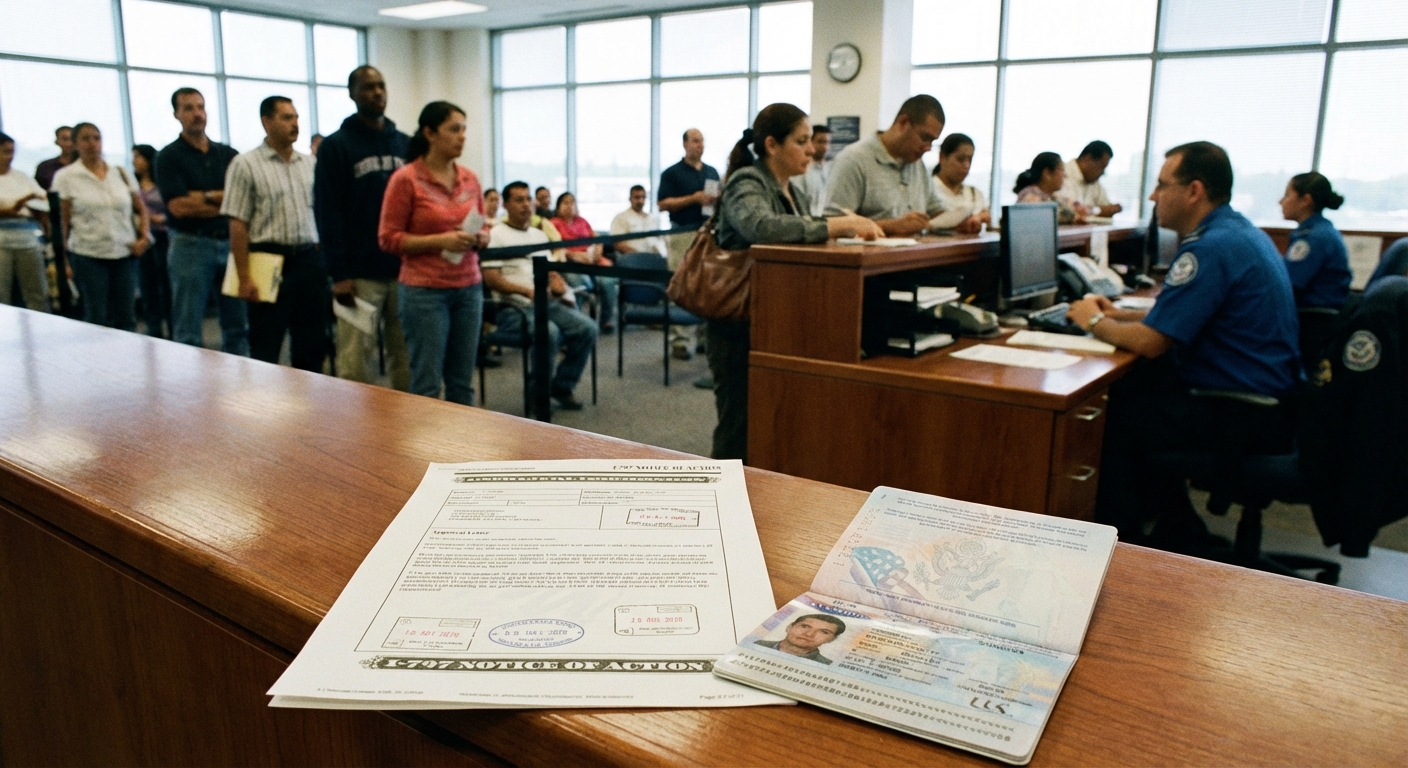 Vista de oficina, carta I-797 y pasaporte, despues de la entrevista de inmigracion que sigue