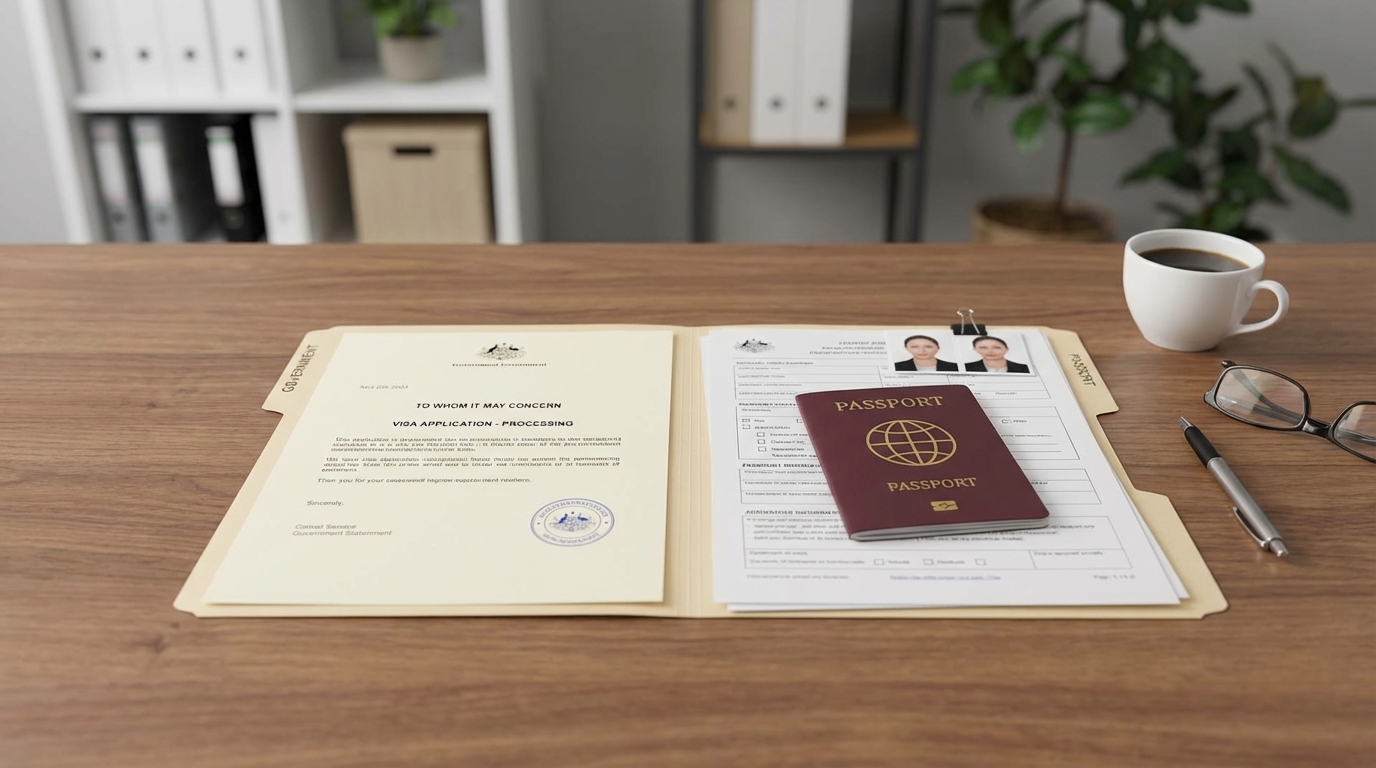 Carta oficial de USCIS junto a documentos organizados sobre una mesa de oficina.