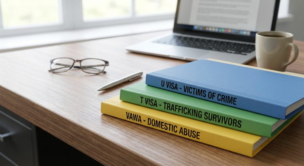 Escritorio con tres carpetas simbolizando rutas de visa por violencia doméstica, sin mostrar rostros.