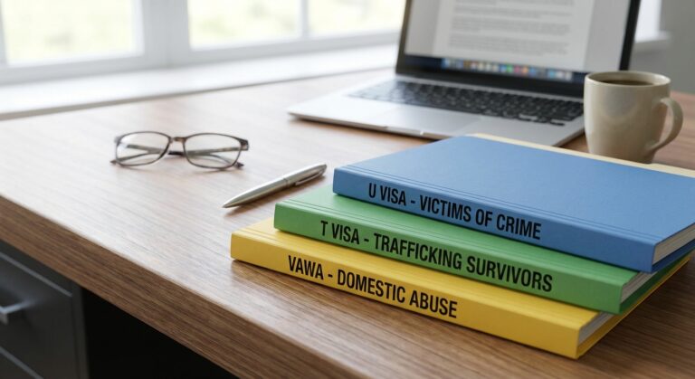 Víctimas de delitos y violencia (VAWA) 7 Escritorio con tres carpetas simbolizando rutas de visa por violencia doméstica, sin mostrar rostros.