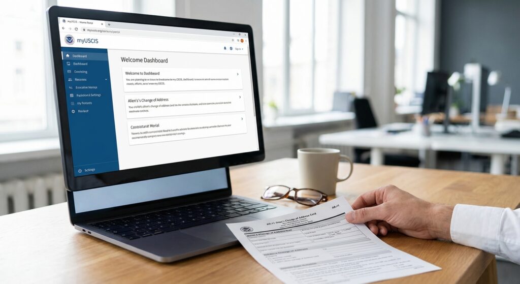 Cómo cambiar mi dirección con USCIS paso a paso y qué formulario debes usar 2 Escritorio con un formulario AR-11 y una pantalla mostrando la cuenta myUSCIS, explicando cómo cambiar mi direccion en USCIS.