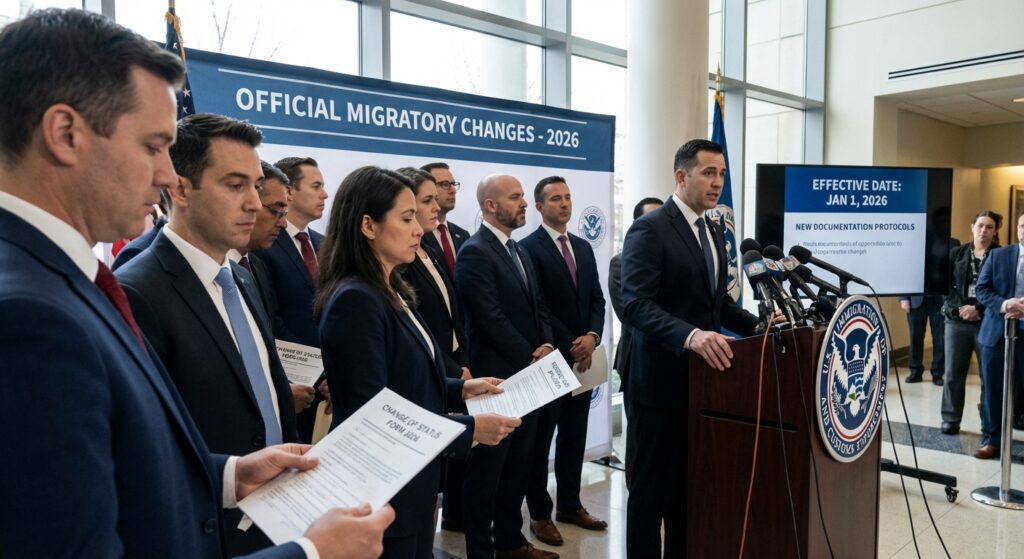 Imagen central que ilustra ICE nuevas políticas inmigrantes sin mostrar rostros.