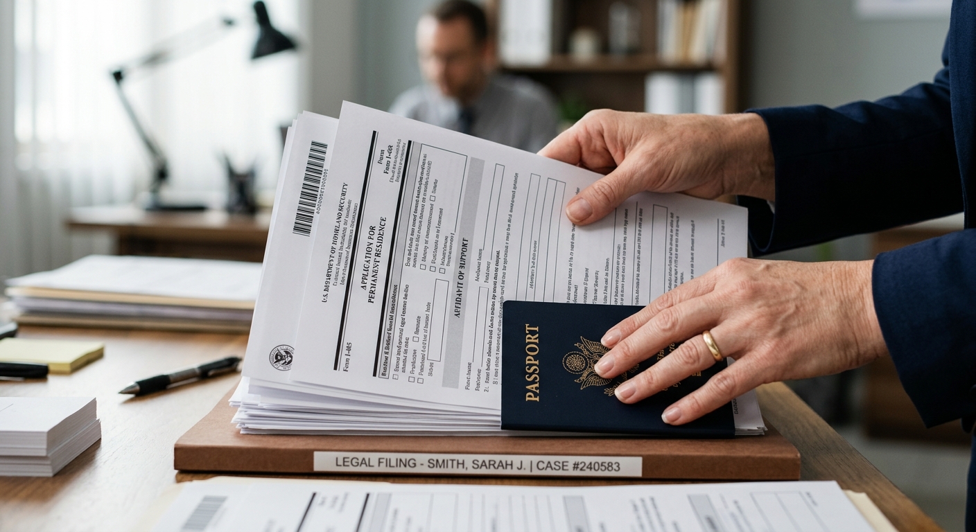 Manos organizando documentos y formularios de inmigración sobre un escritorio para preparar un trámite migratorio.